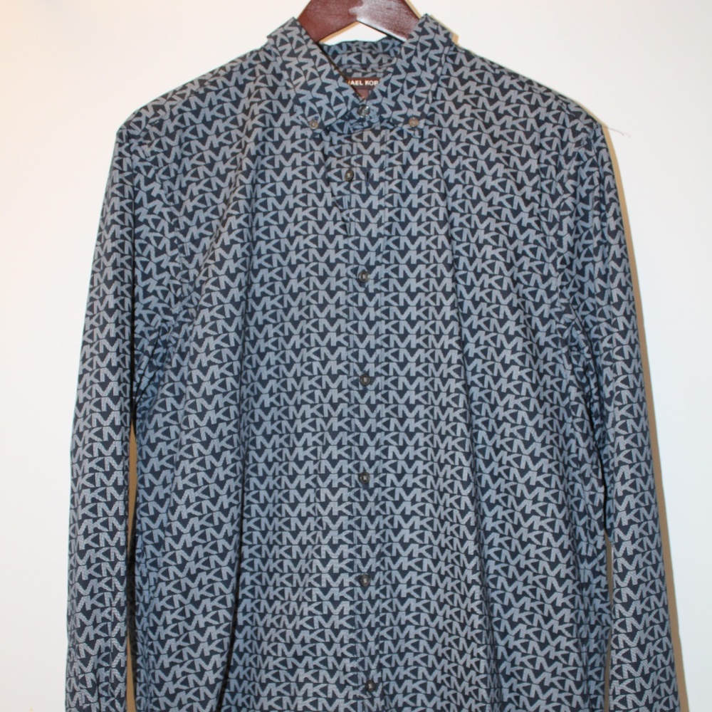 MICHAEL KORS MK LOGO NAVY BUTTON DOWN DRESS SHIRT MENS L CLASSIC FIT